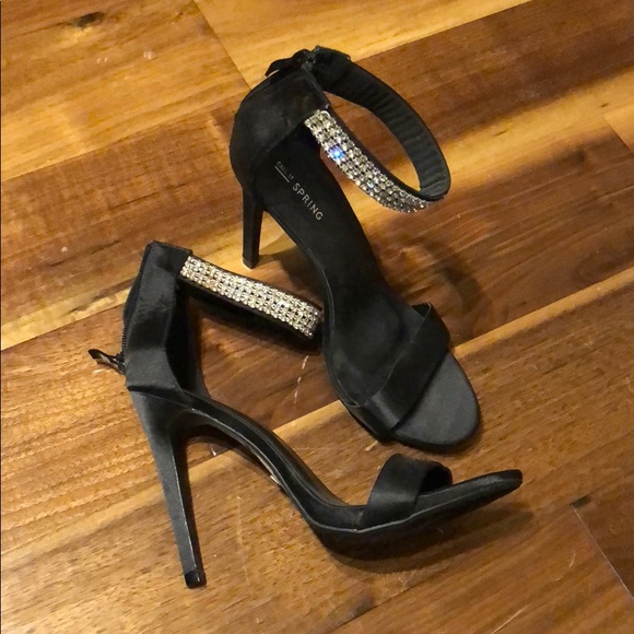 call it spring Shoes - Bejeweled bling ankle strap black stiletto heels